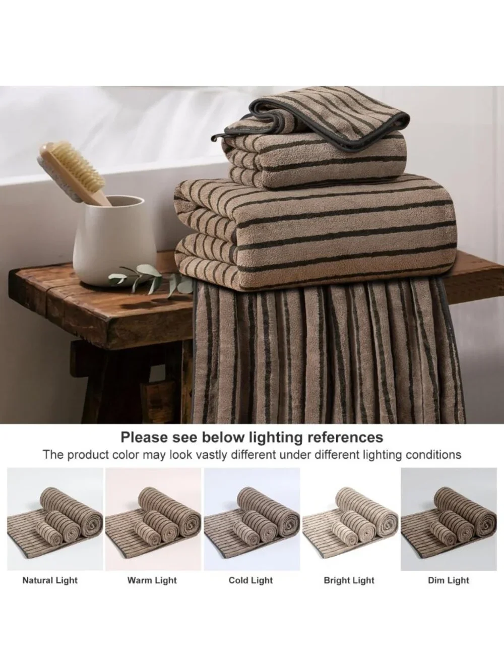 8-Piece Brown Stripe Bath Towel Set - Soft, Quick-Dry Towels for Spa, Gym